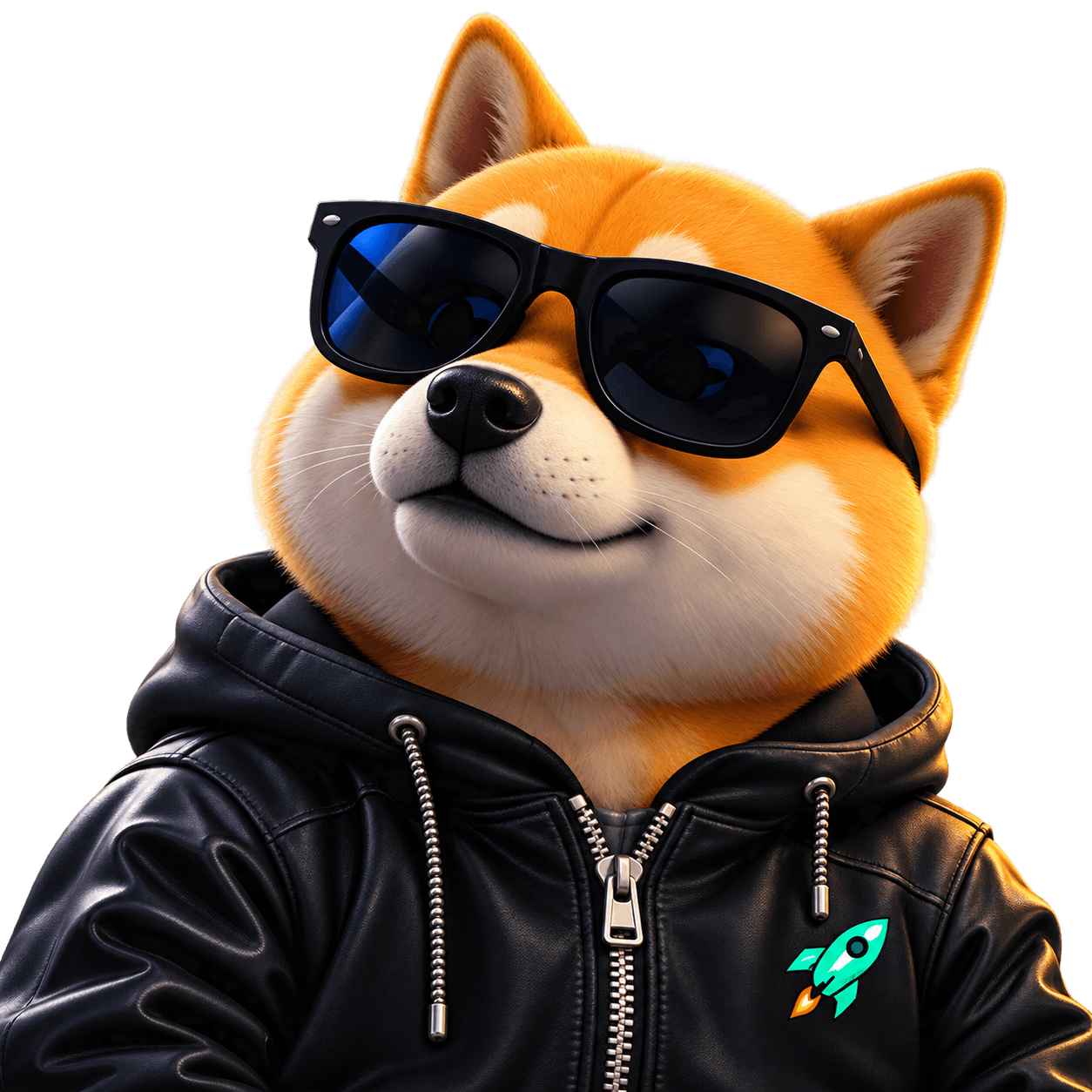 Shiba Inu mascot wearing sunglasses and a black hoodie